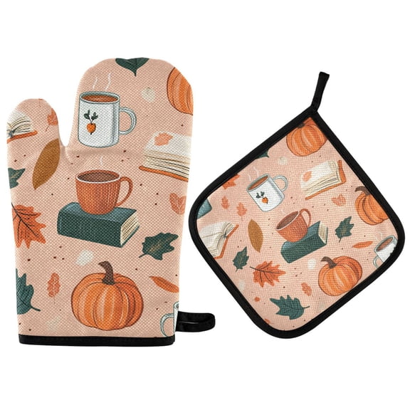 Yayeee Oven Mitts and Pot Holder Set of 2 Heat Resistant Kitchen Gloves Baking Hot Pad, Pink Fall Coffee