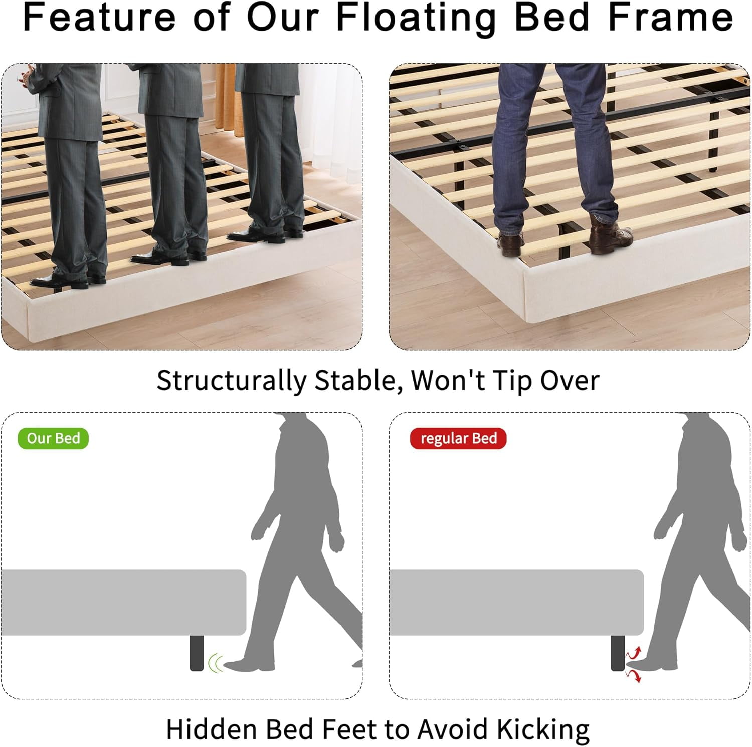 Reliancer Full Size Floating Bed Frame with LED Lights, Modern Upholstered Full Platform Bed Frame, No Headboard, No Box Spring Needed, Easy to Assemble