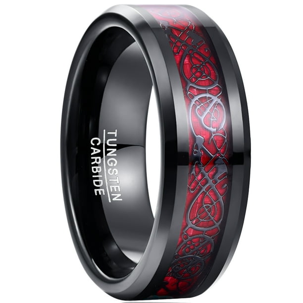 8mm Black and Red Tungsten Carbide for Men Wedding Celtic Dragon Inlaid ...