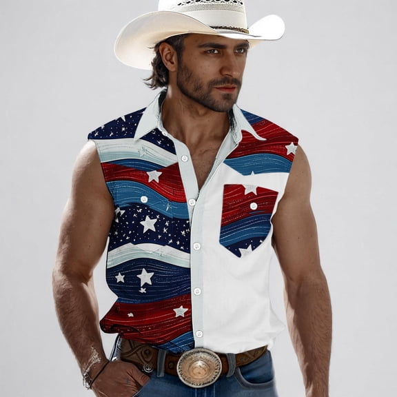 fnnxeal Mens Blue Patriotic Western Sleeveless Button Down Shirt Casual Star Stripe Print Top for 4th of July Outdoor RodeoSize 2XL