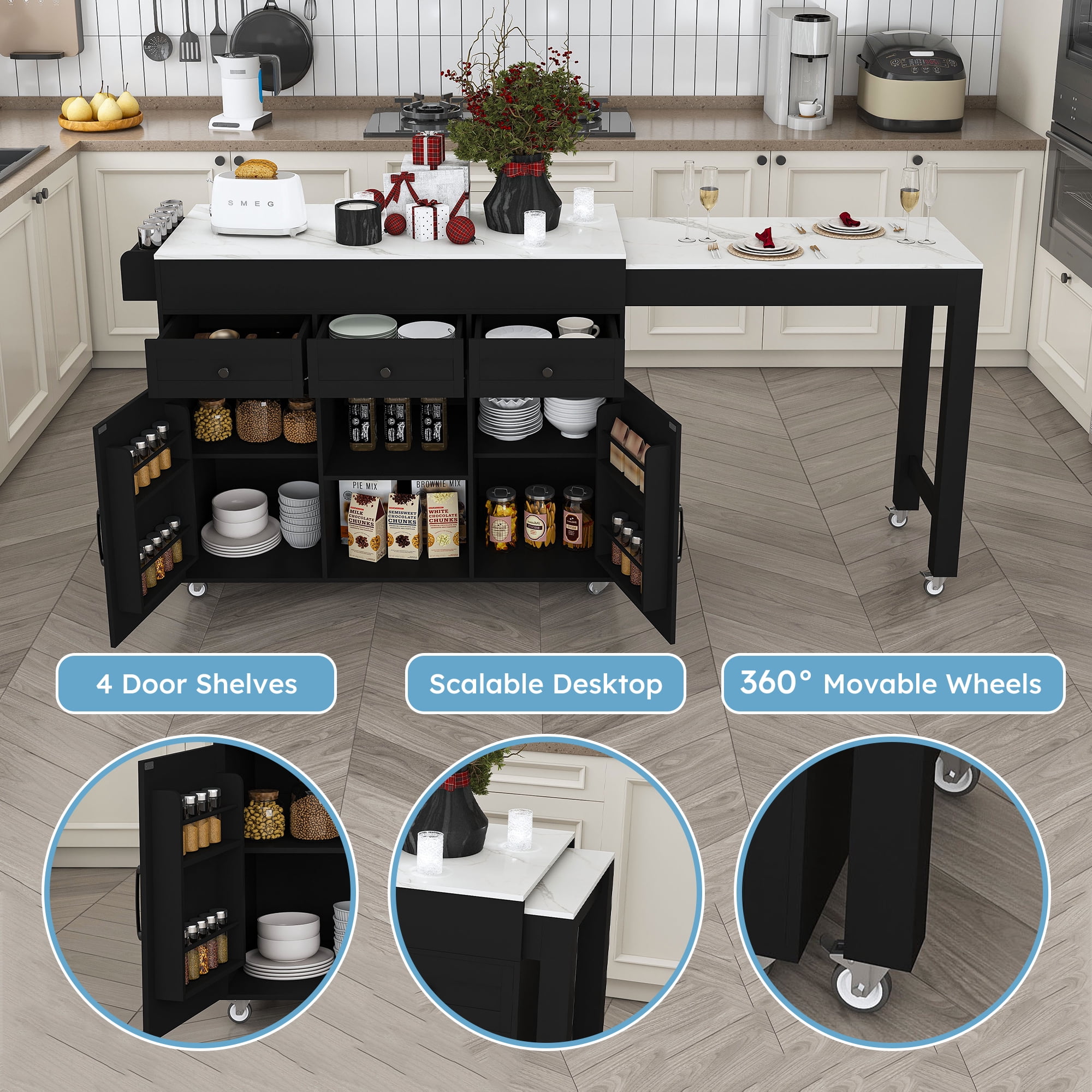 Leumius 74.8" Kitchen Island with Extendable Dining Table,Rolling Kitchen Island Cart on Wheels with 3 Drawers & Cabinet & Built-in Power Outlet,Island Table for Kitchen,Dining Room,Black