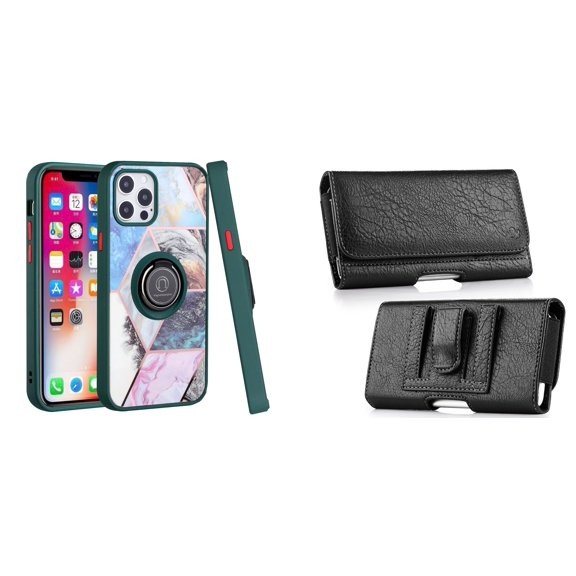 Bemz Ring Series Case for iPhone 14 Pro Max (TPU Silicone Cover with Magnetic Stand) and PU Leather Coin Card Wallet Belt Holster Pouch - Green on Galaxy Marble