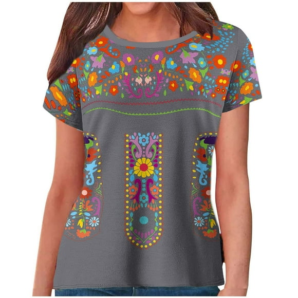 LMKIHUSA Embroidered Tops for Women Boho Short Sleeve Crew Neck T Shirt Mexican Peasant Ethnic Style Shirts Pullover Relaxed Fit Bohemian Tees Casual Summer 2025 Gray,S