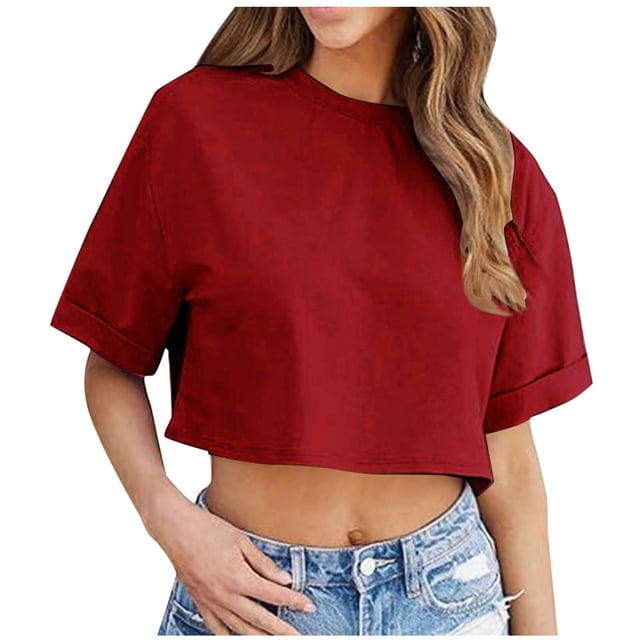 Hauts pour Femmes Manches Courtes Décontractées Couleur Unie Blouses Courtes Col Rond pour Femmes 2025 T-Shirts Tendance Vêtements d'Été Rouge m