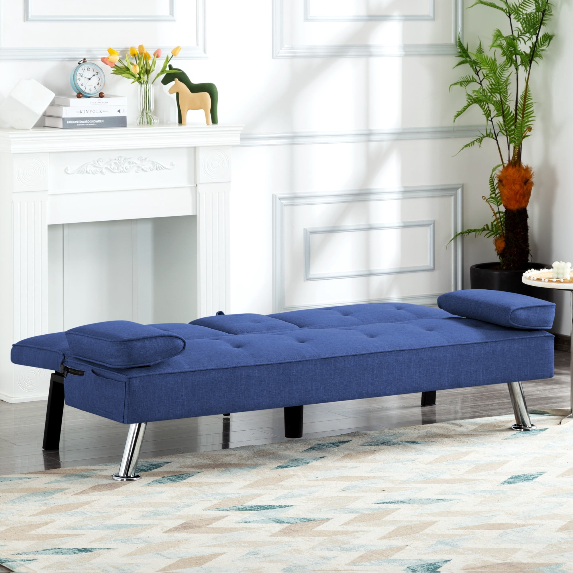Gewnee 65.3" 3‑in‑1 Convertible Futon Sleeper Sofa, Polyester Foldable Sleeper Couch with Adjustable Backrest,Sofa Bed with Cup Holders & Storage Bag for Small Apartments，Navy Blue