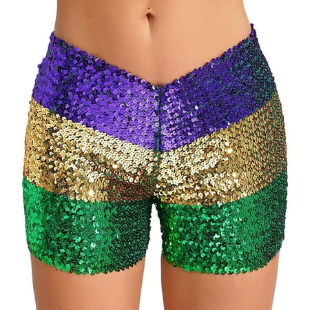 YONGHS Women s Sequin Sparkly Mini Booty Shorts Low Rise Rave Cheeky Shorts for Disco Festival Club Nightout Gold&Green&Purple M