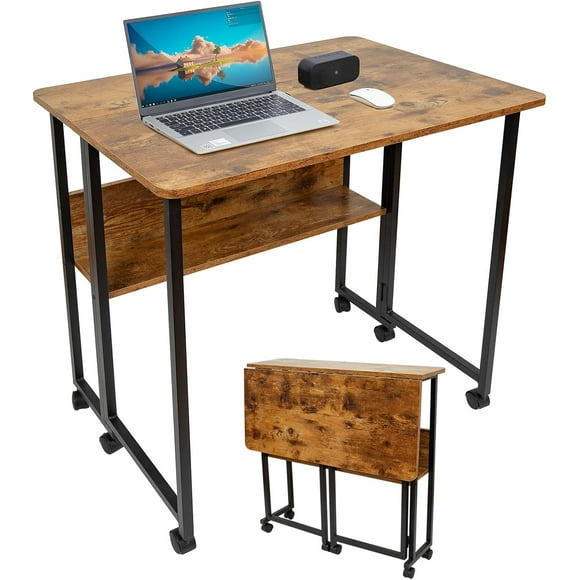 Mobile Foldable Desk w/Wheels and Feet Pads, Foldable Computer Desk, Folding Desk, Small Computer Desk for Small Spaces, Folding Table for Office Bedroom Living Room-Rustic Brown