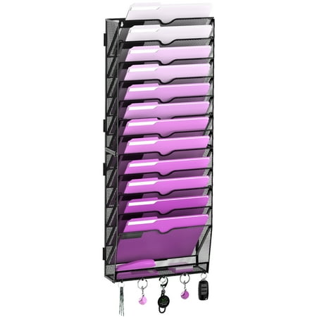 INTIGE 13-Tier Hanging File Organizer with Hooks Wall File Holder for Office Home Black