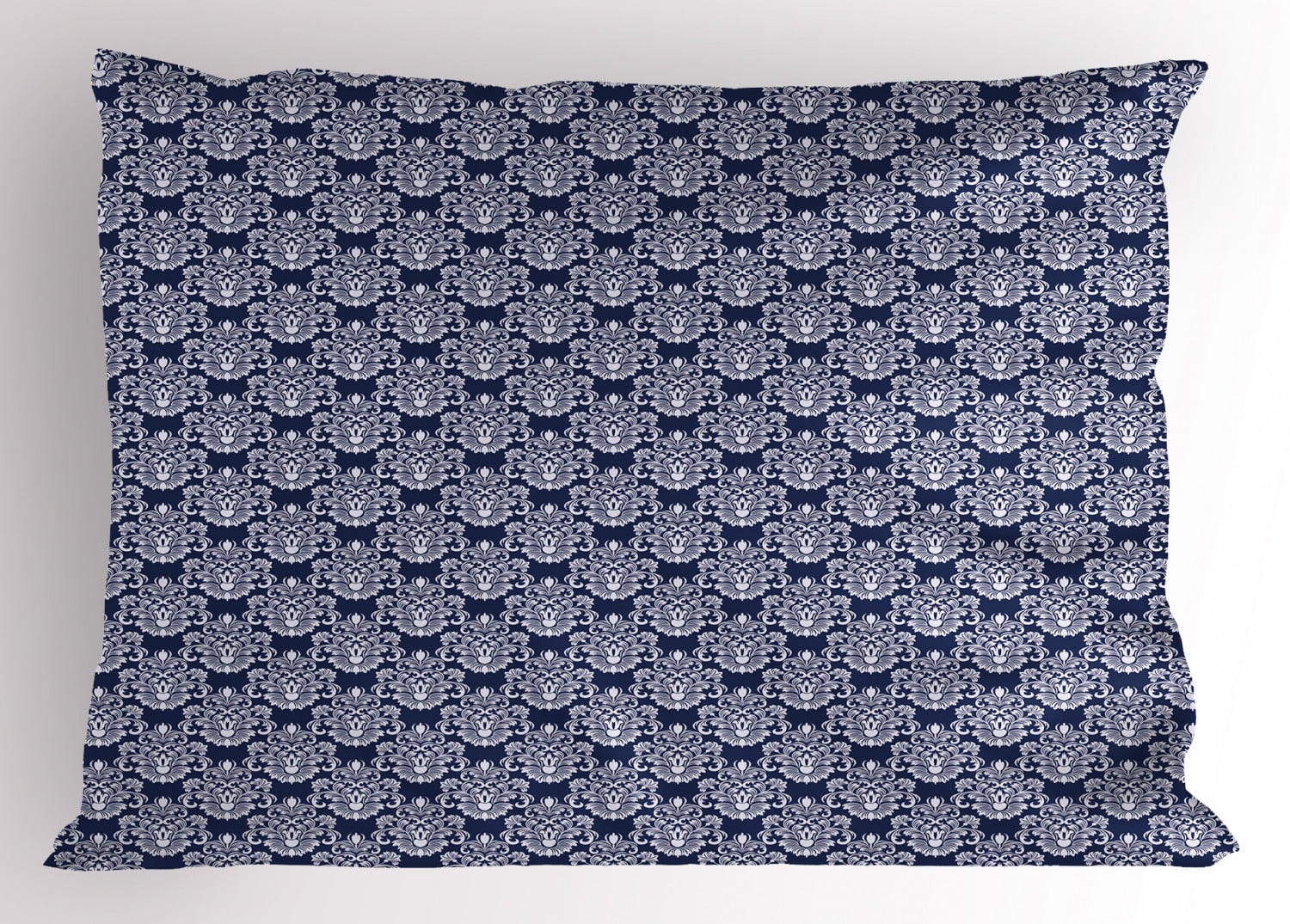 Navy Blue Pillow Sham Abstract Floral Damask with Antique Victorian