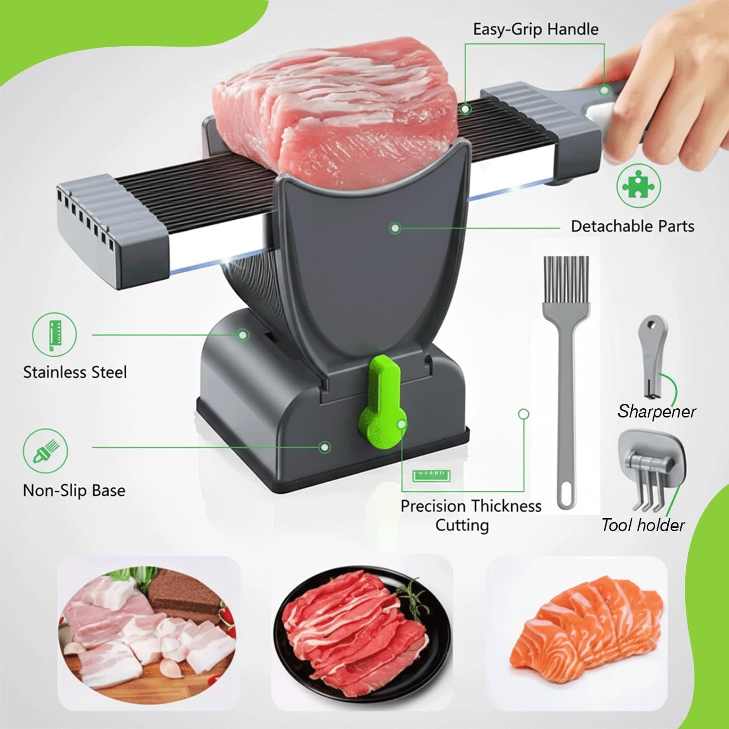 Fresh Meat Slicer, Thickness Adjustable Stainless Steel Kitchen Cleaver Knife Set With Block, Manual Fresh Meat Cutter Jerky Slicer For Beef Pork, Cooking BBQ Hot Pot
