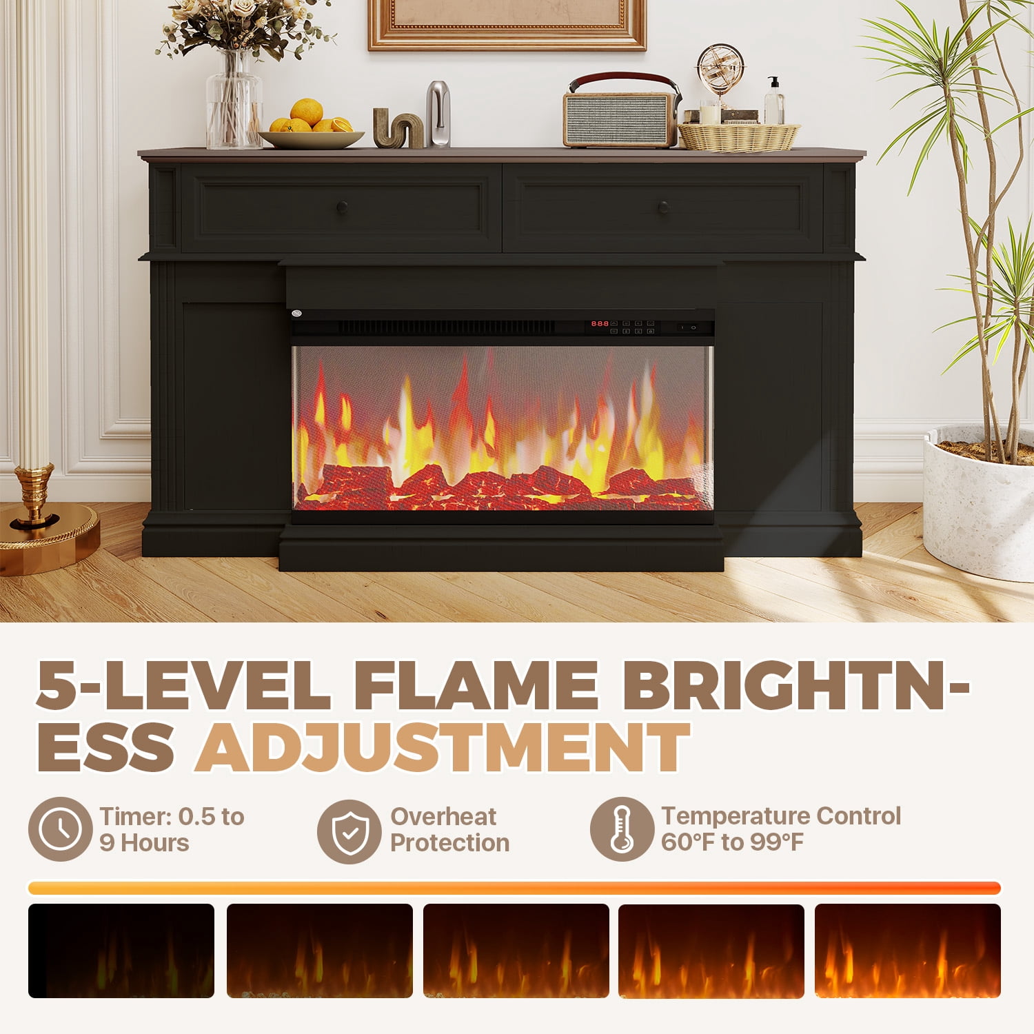 BaPiPro Fireplace TV Stand with 3D Flame Electric Fireplace Heater for up to 75" TV, Farmhouse Entertainment Center with 36″Fireplace for Living Room, White