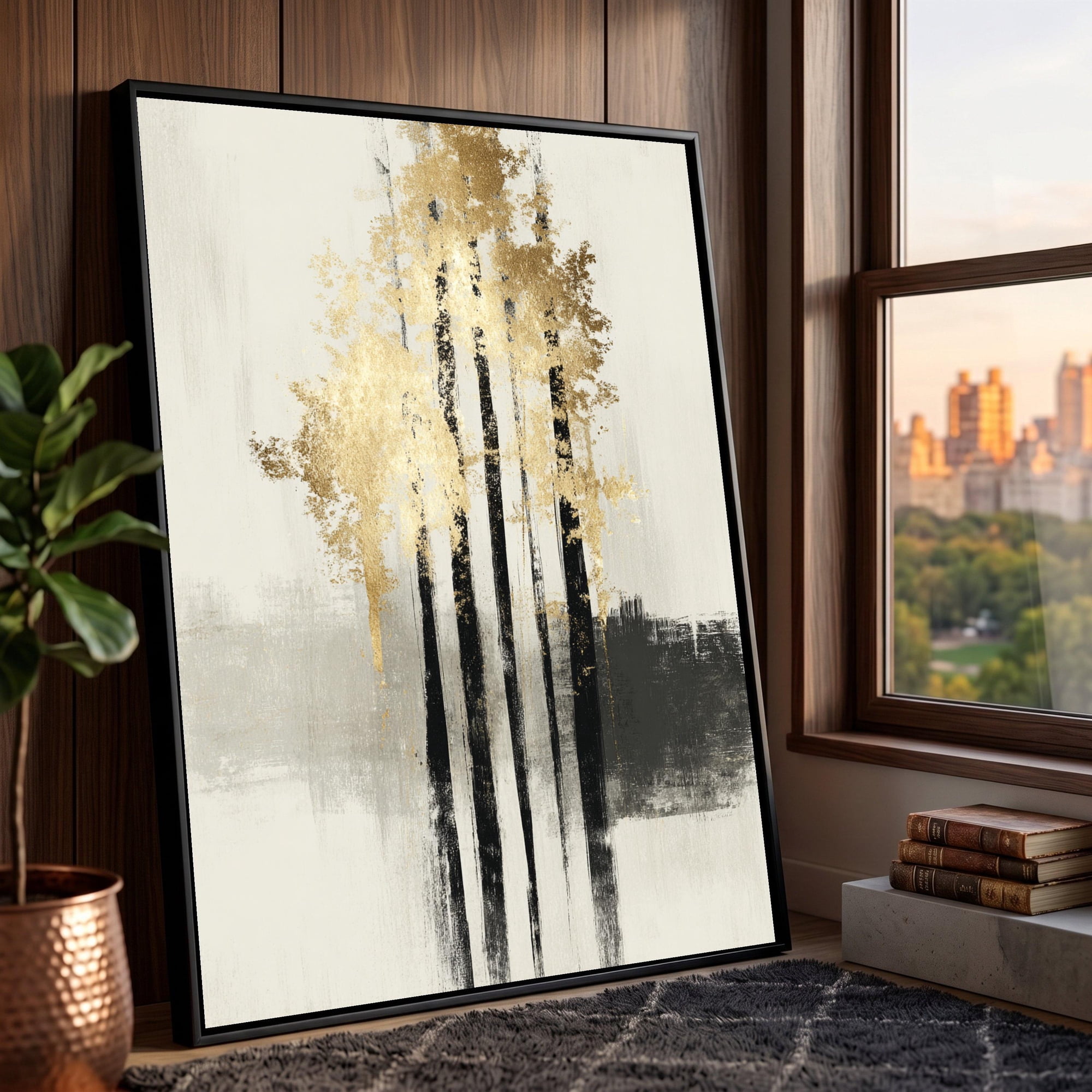 Elegant Gold Tree Wall Art Black Trunk Abstract Modern Nature Decor Sophisticated Living Room Art