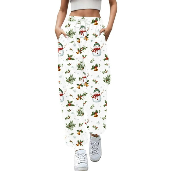 Fiaer Christmas Womens Sweatpants Funny Snowman Graphic Trendy Xmas Pants Baggy Casual Plus Size Comfort Holiday Trousers with Pocket White XL