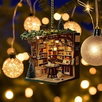 Christmas Acrylic Bookshelf Pendant 3.1in, Book Lover Christmas Tree Hanging Ornament with Sparkling Ribbon, Stacking Interior Decor for Study/Bookshelf, Holiday Gift for Librarians