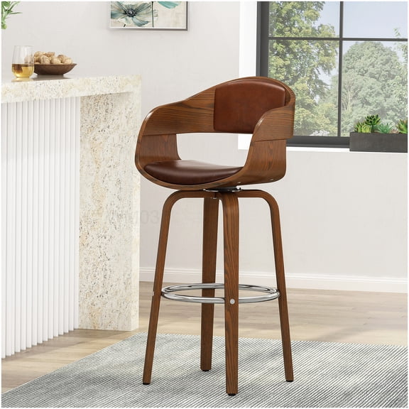 30 Inch Swivel Bar Stools for Counter Height, Modern Faux Leather Seat with Wood Frame, Chrome Footrest, Brown Set of 1
