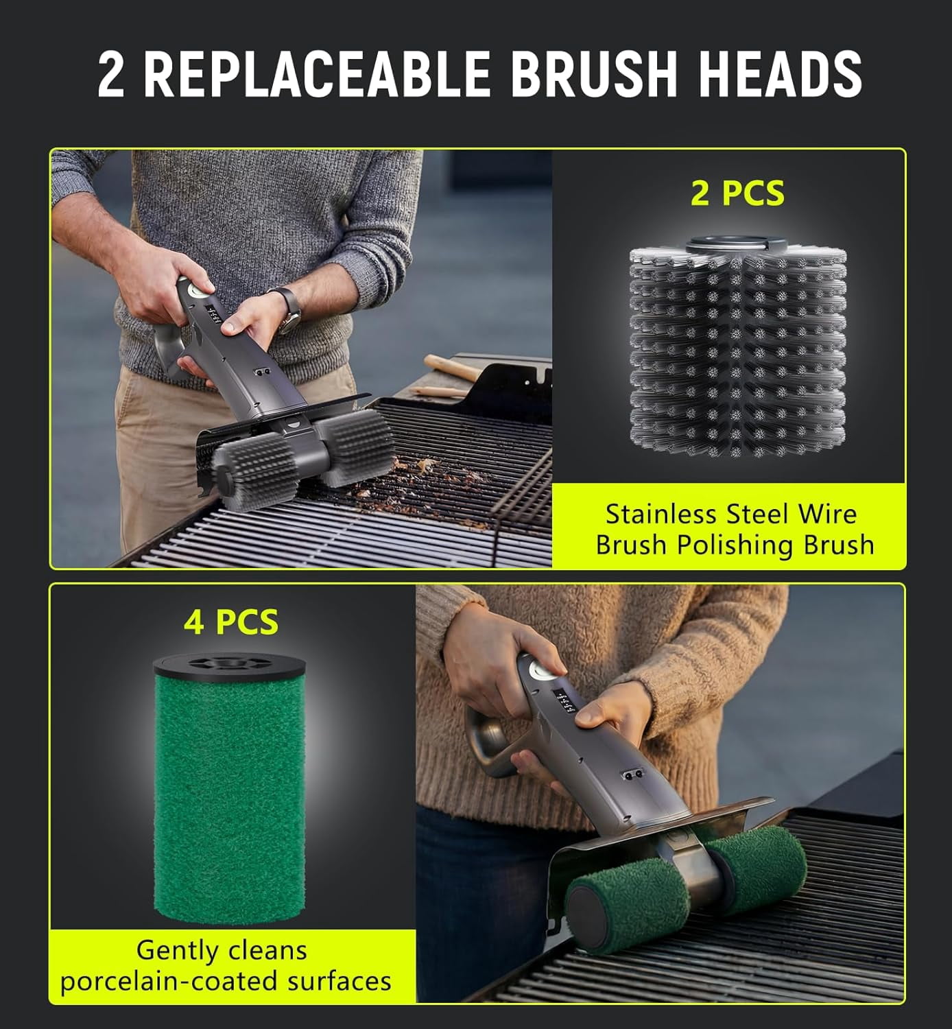 Electric Grill Brush Rechargeable, Dual Brush Heads Design Cordless Electric BBQ Grill Cleaner with Replaceable Head, No Bristles Grill Brush Outdoor Grill for Burnt-On Grease & Grill Grates