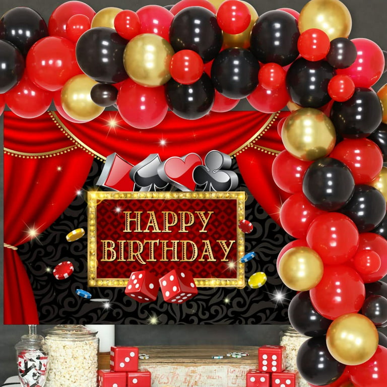 Casino Theme Party Decorations - Las Vegas Casino Night Birthday Party  Supplies Red Black Balloons Garland Kit Poker Happy Birthday Photo Backdrop  for Adults Magic Birthday Party Decor 