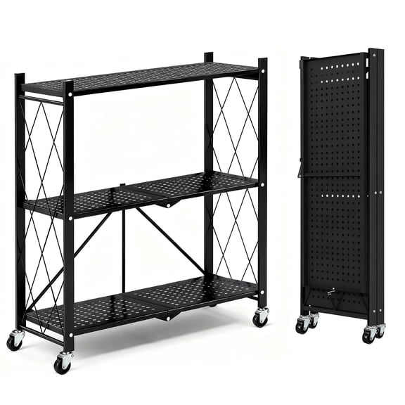 TAIMASI 3-Tier Foldable Metal Shelf with Wheels, Heavy-Duty Movable Wire Rack for Garage, Kitchen, Basement, Pantry Storage, 28''L x 13.4''W x 34.7''H-Black