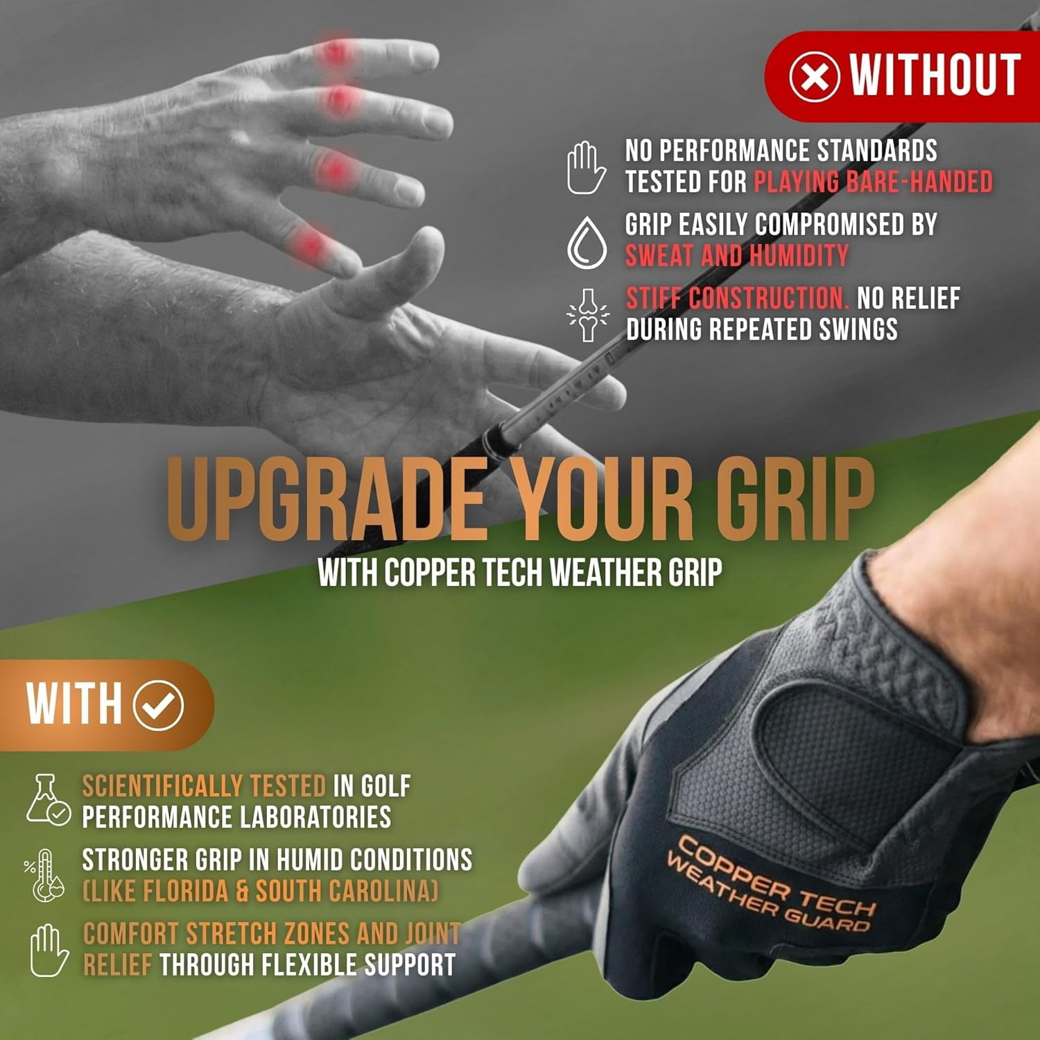 Copper Tech Plus Rain Golf Gloves  | Water-Enhanced Golf Rain Gloves for Men | Joint Support Ergonomic Copper Compression Charcoal/Gray, Small, Left)