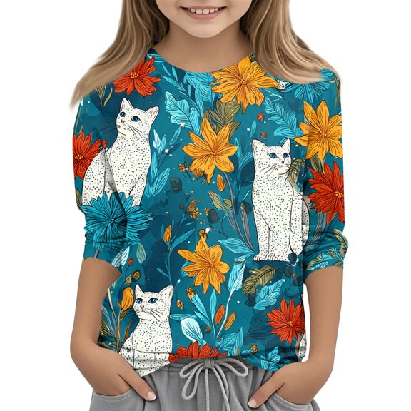 Abcomgle Girls 3/4 Sleeve Shirts 10-12 Crewneck Summer Tee for Girls Casual Basic Top for Girls Trendy Cat Floral Print Girls Tunic Tops,Royal Blue,7-8Years