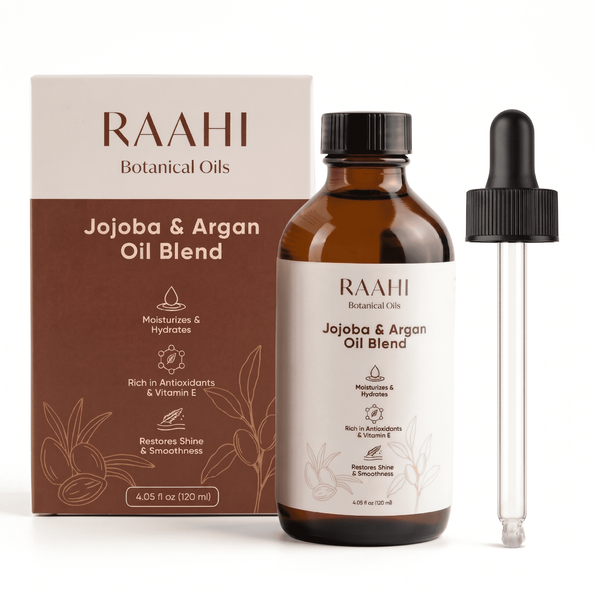 RAAHI Jojoba Oil and Argan Oil Blend for Hair and Skin, 4.05 fl oz / 120 ml, Botanical Moisturizer for Scalp, Face, Body and Hair