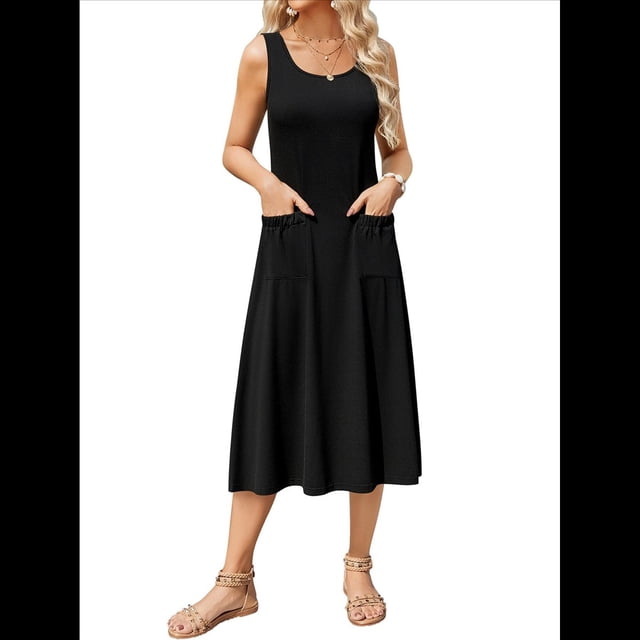Vestido de Verano para Mujer, Sin Mangas, Floral, con Cuello Redondo, Cintura Alta, Corte A, Midi y Bolsillos Negro S