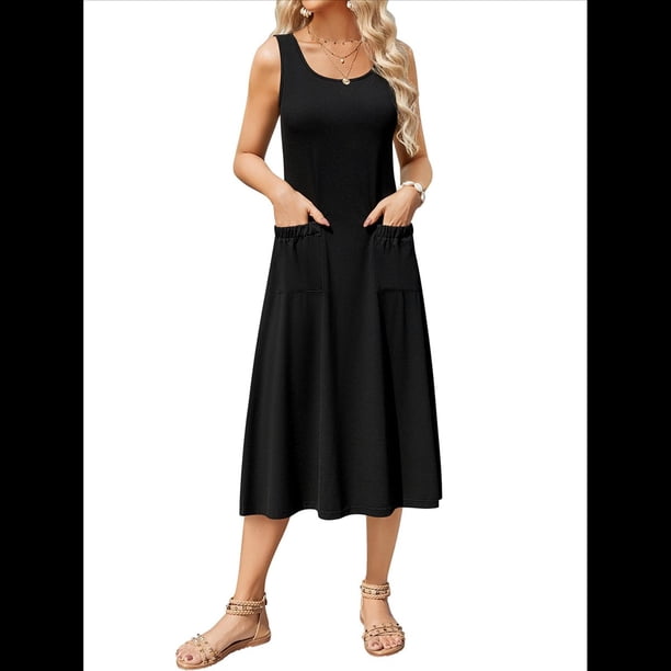 Vestido de Verano para Mujer, Sin Mangas, Floral, con Cuello Redondo, Cintura Alta, Corte A, Midi y Bolsillos Negro M