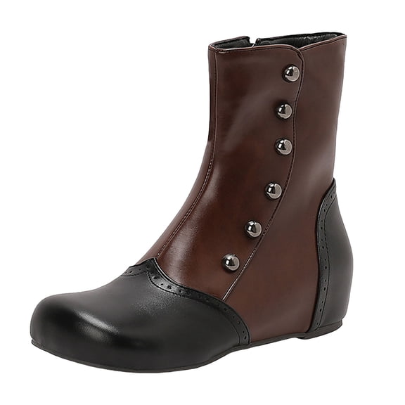 Slip On Leather Studded Winter Boots for Women Square Toe Color Blocking Mid Calf Booties Wide Toe Box Non Slip Ankle Boots Brown Size 9