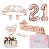 21st Birthday Decorations For Her Gogcaro,Including Rose Gold 21st Birthday Queen Sash,Crown,Cake Topper,Digital Candles,Pearl Pin,Balloons Set And Beautiful Gift Box