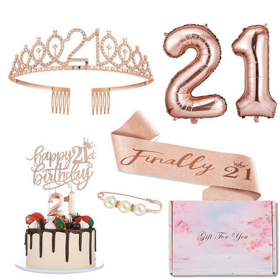21st Birthday Decorations For Her Gogcaro,Including Rose Gold 21st Birthday Queen Sash,Crown,Cake Topper,Digital Candles,Pearl Pin,Balloons Set And Beautiful Gift Box