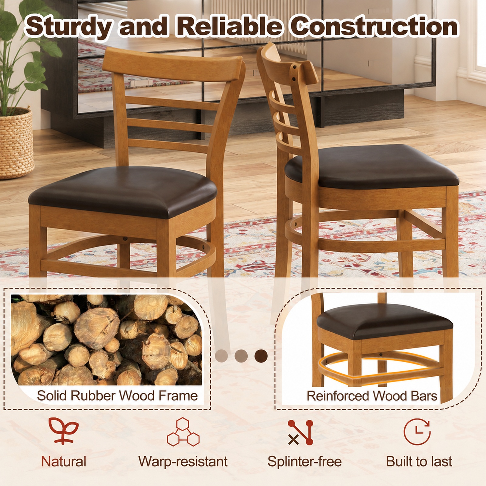 Furnibear Wooden Dining Chairs Set of 2 with Faux Leather Seats and Rubber Wood Legs for Restaurant Kitchen and Dining Room, Brown