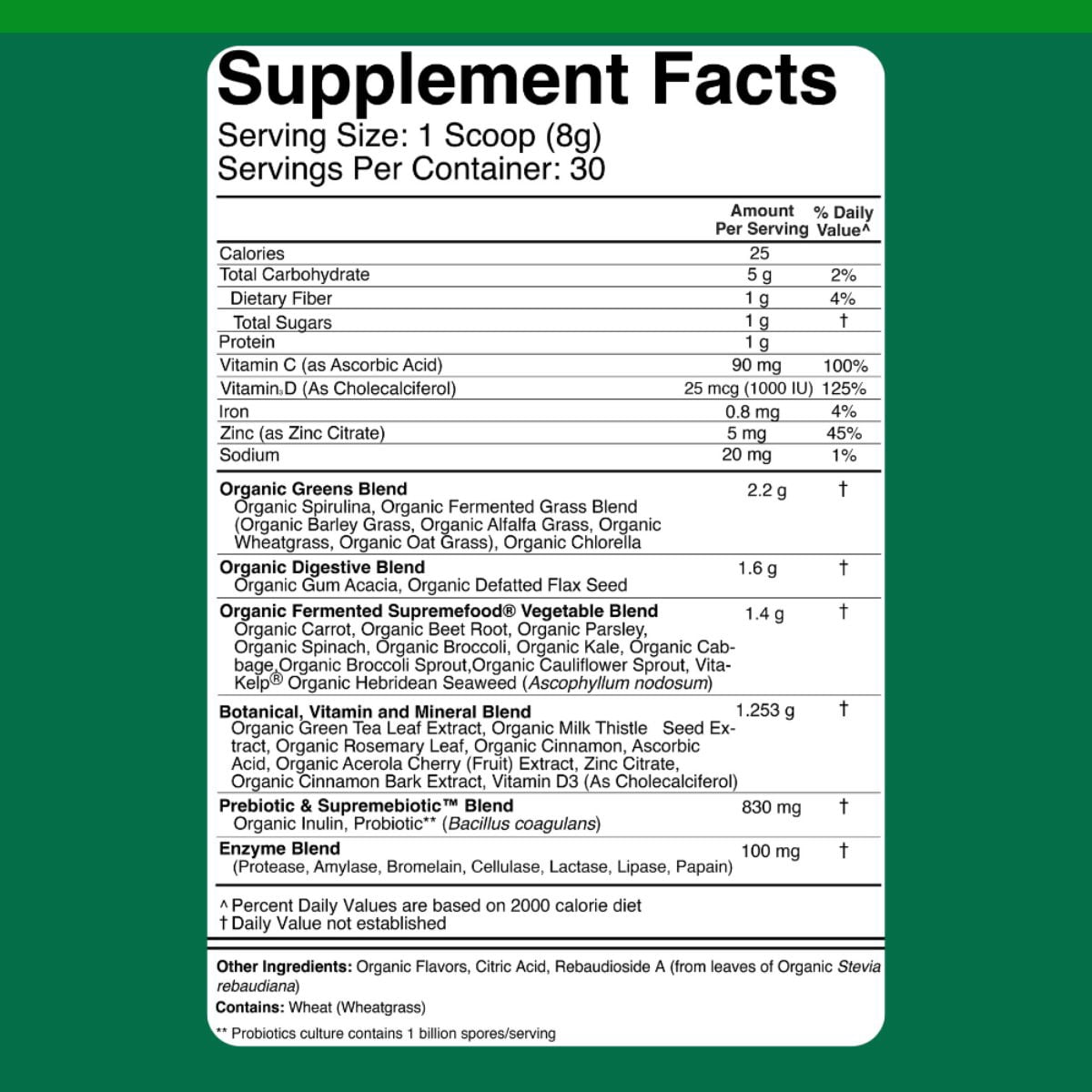 Dr. Colbert MD Fermented Green Supremefood | by Divine Health | 14 USDA Organic & Fermented Vegetables and Grasses | Probiotics | Enzymes | Apple Cinnamon Flavor | 30 Servings | 240g