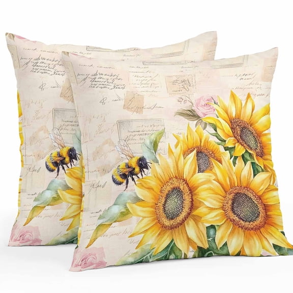 Rustic Sunflower Outdoor Pillow Covers Pack of 2 Bee Country Floral Retro Letter Background Waterproof Throw Pillow Covers Decorative Cushion Cases for Patio Garden Tent Balcony Couch 24x24 inch