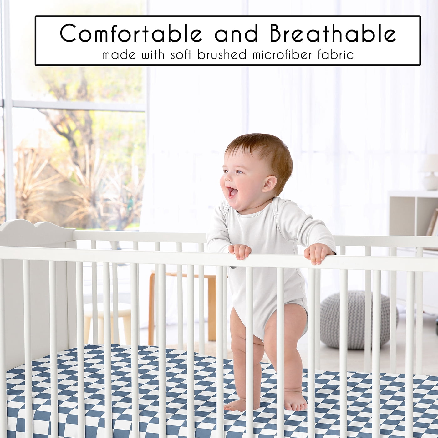 Sweet Jojo Designs Gingham Checkered Plaid Blue and White Boy, Girl, Unisex/Gender Neutral Fitted Crib Sheet