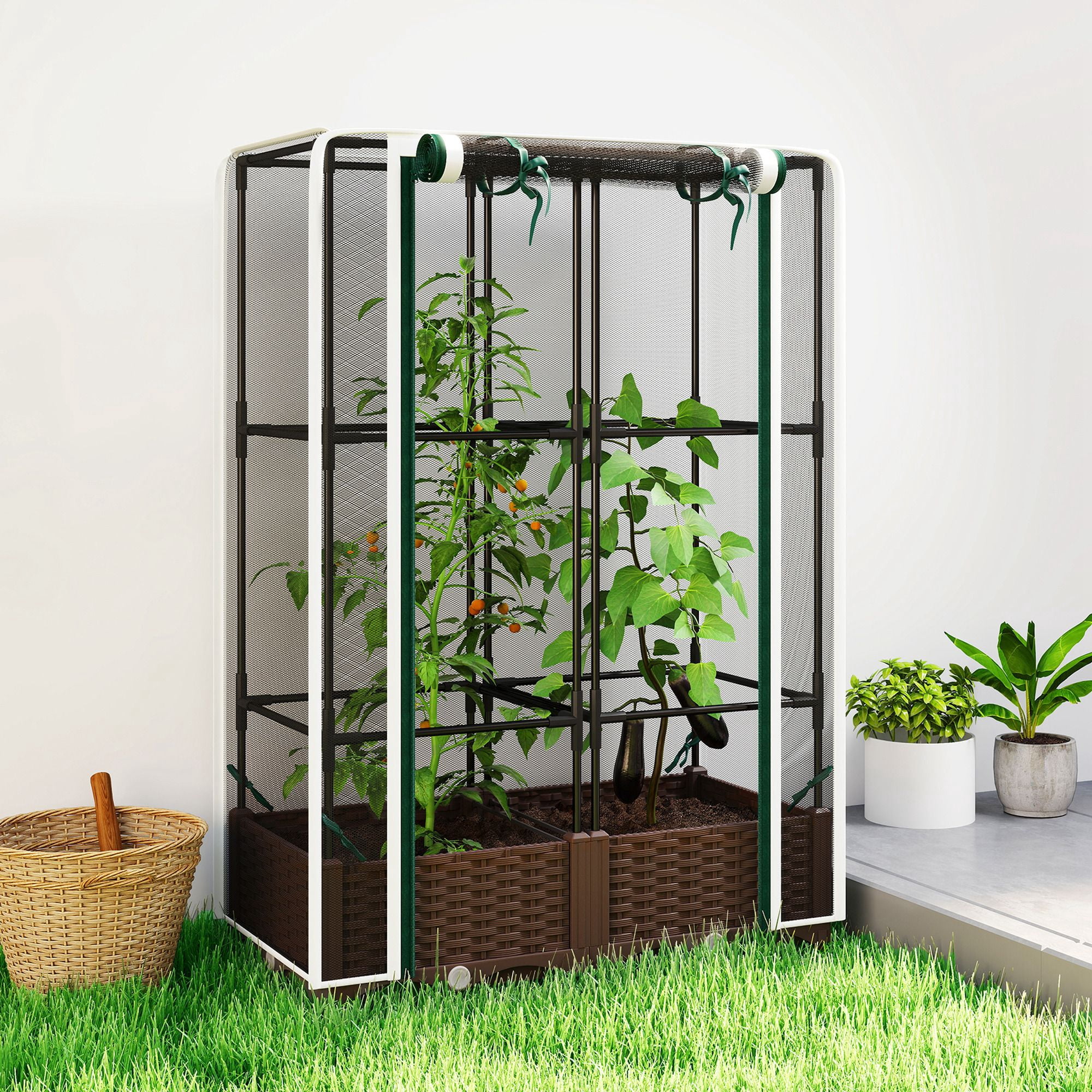 Dranite Raised Garden Bed with Trellis & Crop Cage, Self-Watering Planter Box, 46.5 Inch, White