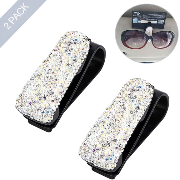 LADYGYM 2026 New Sunglass Holder for Car Sun Visor,2 Pack Glasses Holder Clip Hanger Eyeglasses Mount for Car with Bling Rhinestones Crystal Ticket Card Clip