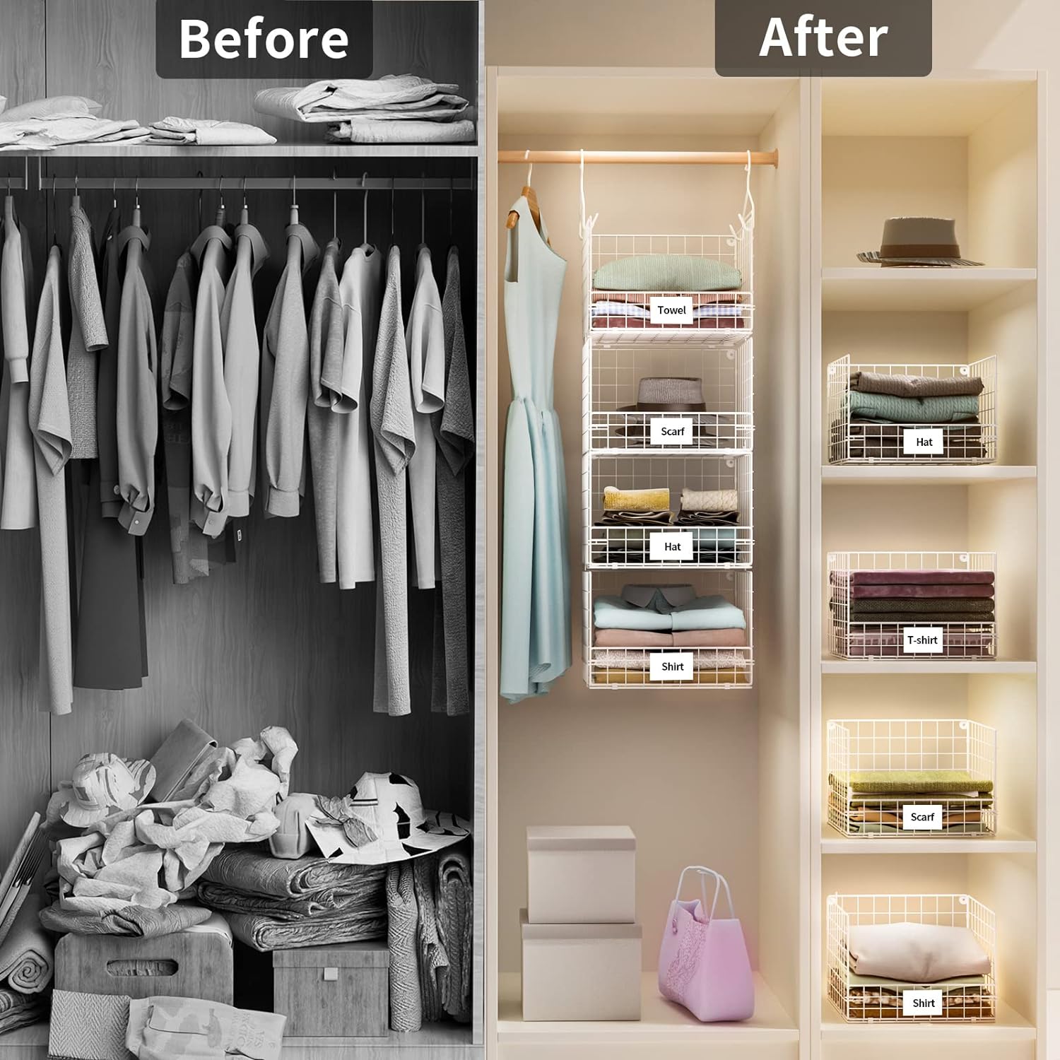 4-Tier Hanging Closet Shelves - Wall Mount Or Rod Mount Wire Baskets With Hooks, White