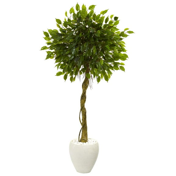artificial indoor 5.5' Ficus Artificial Tree in White Oval Planter UV Resistant (Indoor/Outdoor)