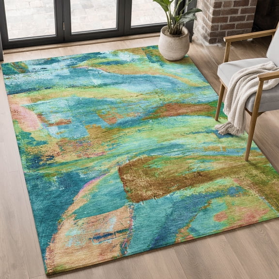 Addison Rugs Mayfield Premium Machine Washable Transitional Abstract Teal Rectangle Rug, 10' X 14' Machine Washable Transitional Abstract Teal Oversized Sherpa Throw Blanket