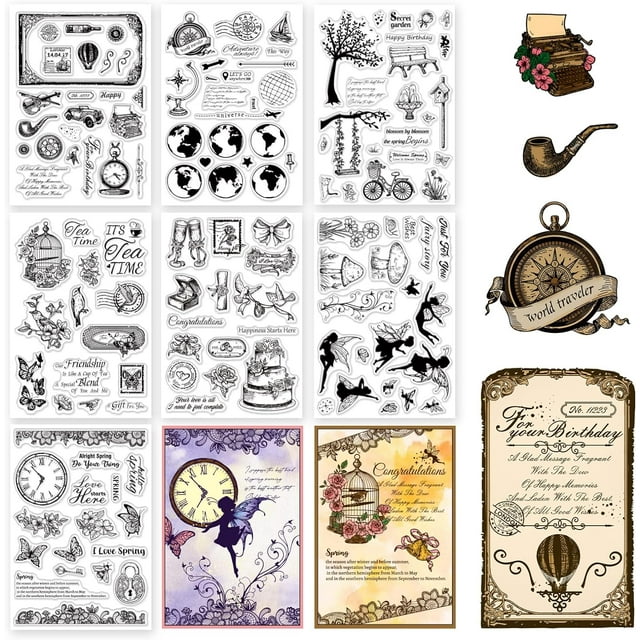 7pcs Clear Silicon Stamps Retro Silicone Rubber Stamp Animal Wedding Spring Butterfly Transparent Seal Stamps Decorative Clear Stamps for Card Postcard Album Photo Gift Scrapbooking