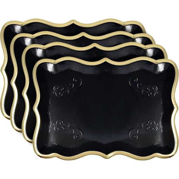 Gift Boutique Disposable Rectangle Dessert Serving Trays, Black with Gold Rim, Heavy Duty Food Safe Paper, 9 x 13 Inch, 10 Pack for Parties, Weddings & Desserts