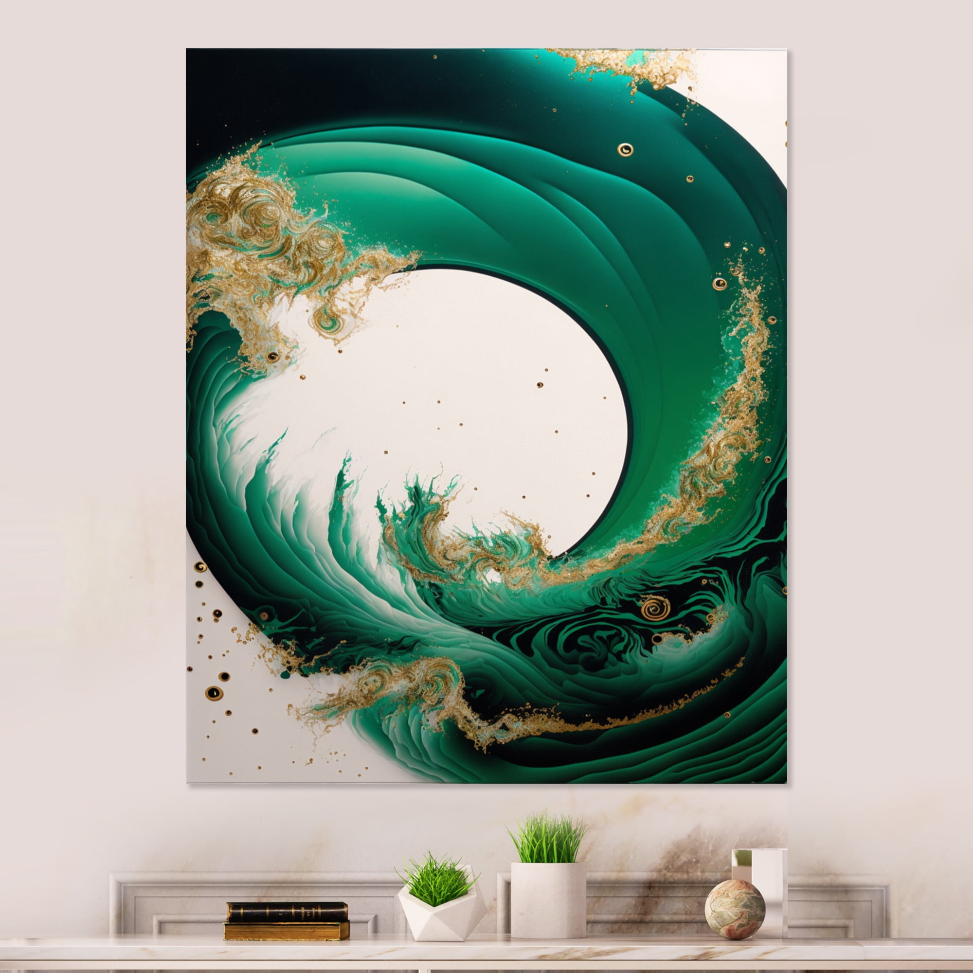 Designart Emerald Green And Gold Abstract Waves III Canvas Wall Art