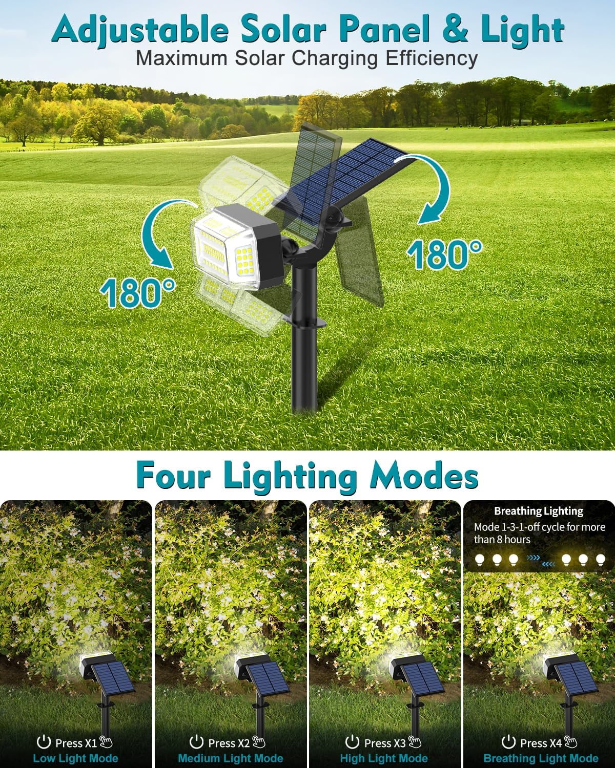 Solar Lights Outdoor, 8 pack, 102 LEDs, 4 Modes, IP65 Waterproof, Adjustable Solar Spotlight & Panel, Flood Lights for Yard, Garden - Cool White