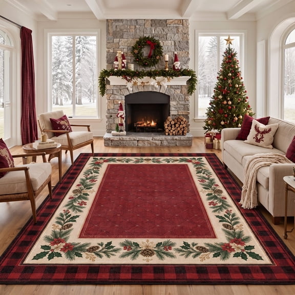 KUETH 5'x7' Christmas Machine Washable Area Rug, Non-Slip Rugs for Living Room, Bedroom and Dining Area, Red