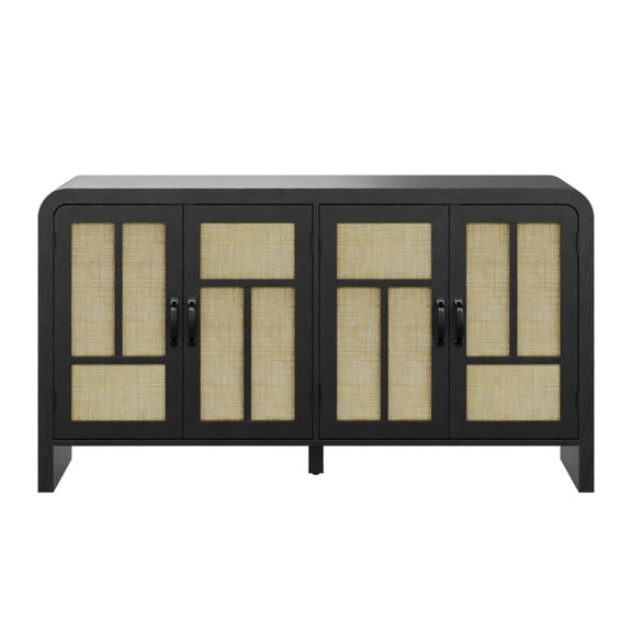59" Wide Black Rattan Sideboard Buffet Cabinet, 4 Doors & Adjustable Shelves