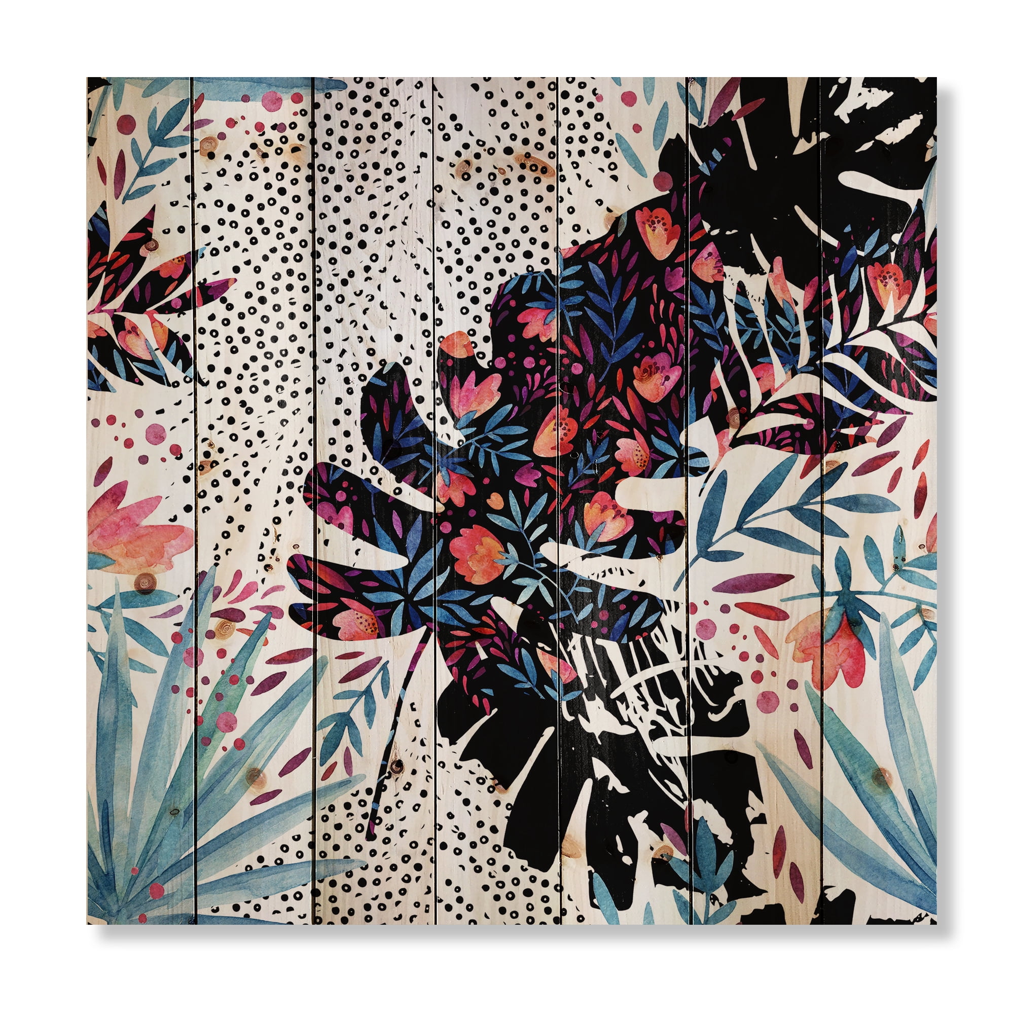 Designart 'Abstract Tropical Floral Patchwork I' Tropical Print on Natural Pine Wood