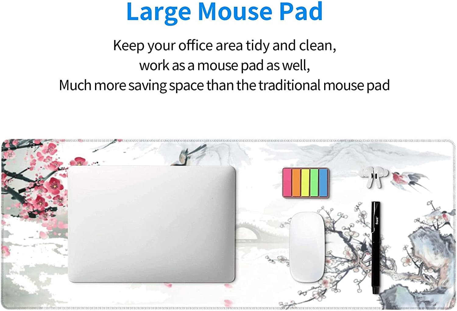Cherry Blossom Sakura Gaming Mouse Pad 31.5×11.8inch with Stitched Edges Extended Waterproof Desk Pads Non-Slip Rubber Base Large Keyboard Mat Computer Gaming Mousepad for Work/Office/Home (Ten)