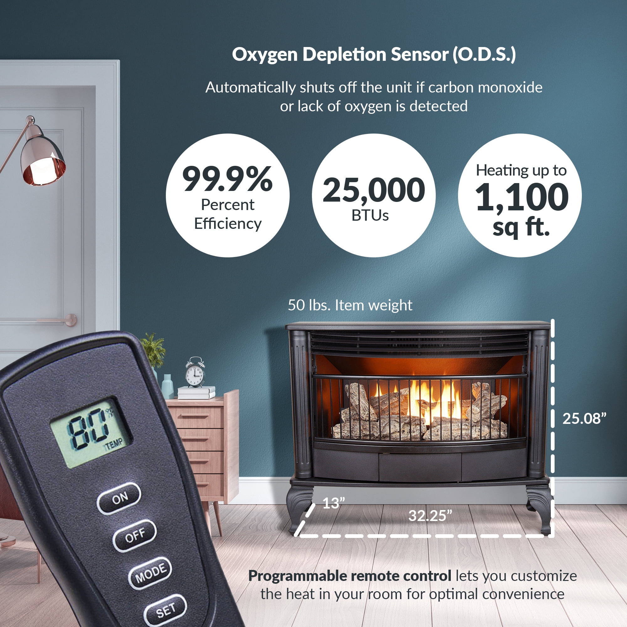 ProCom Ventless Dual Fuel Gas Stove - 25,000 BTU, Remote Control, Black Finish - Model# QNSD250RT