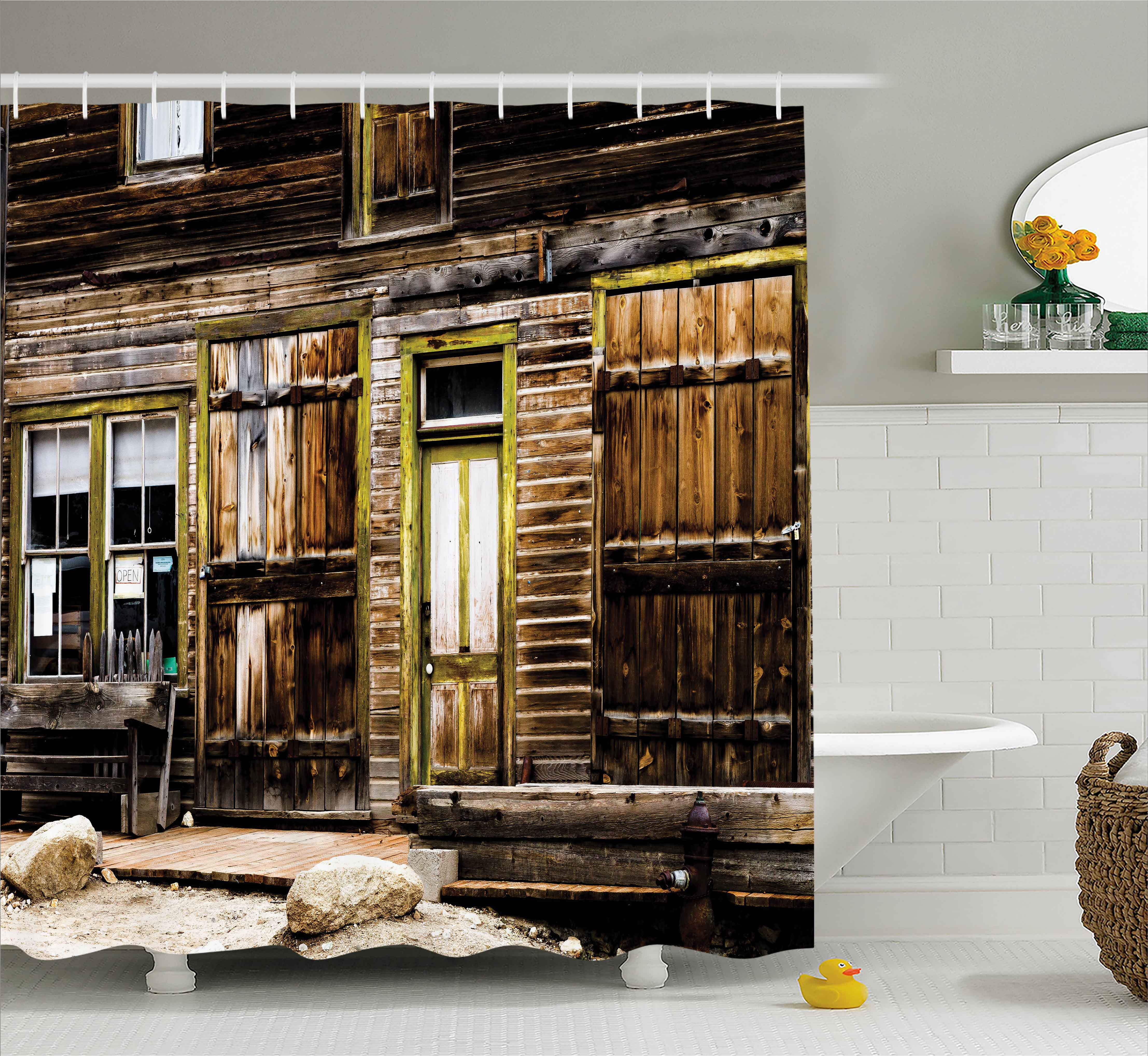 Rustic Shower Curtain, Old Wooden Plank House with Antique Door and