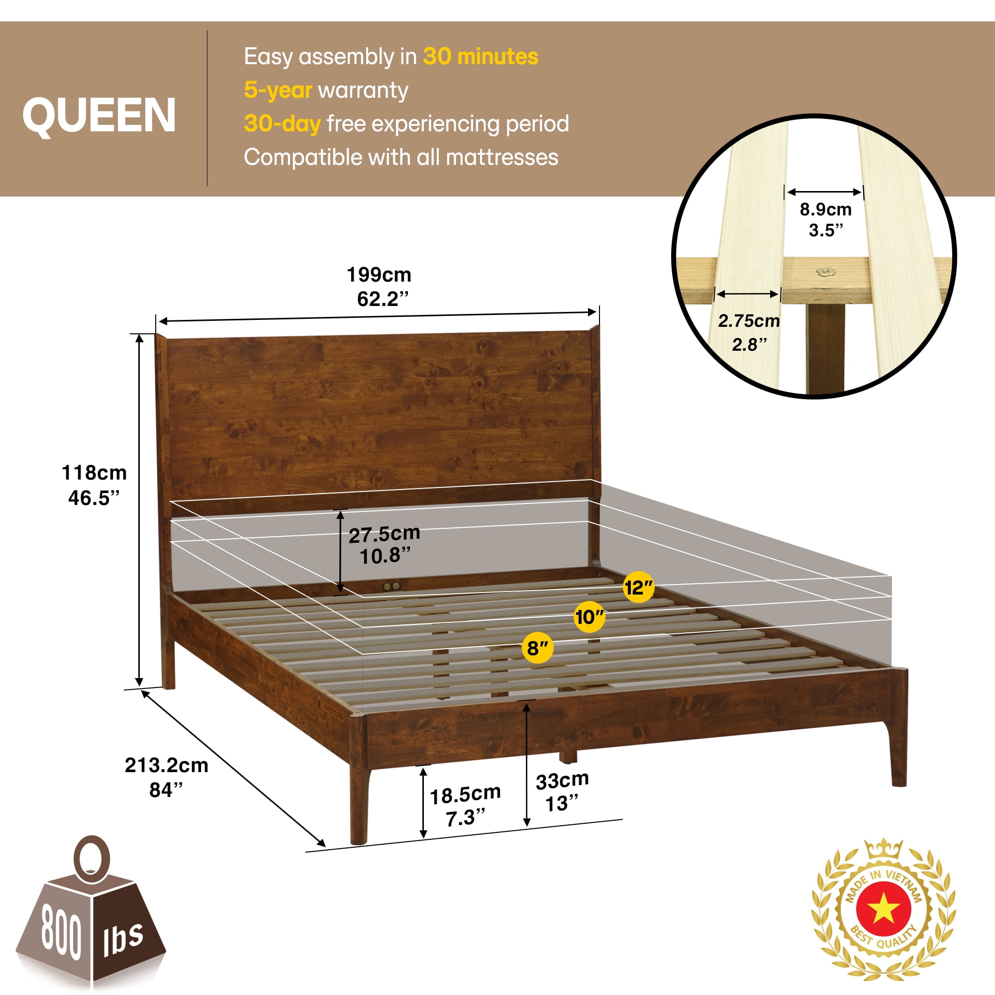 Acacia Haven Queen Size Bed Frame and Headboard Solid Wood Platform Bed, Queen Bed Frame 800 lbs Capacity, Scandinavian Signature Wood Bed Compatible with All Mattresses, Walnut